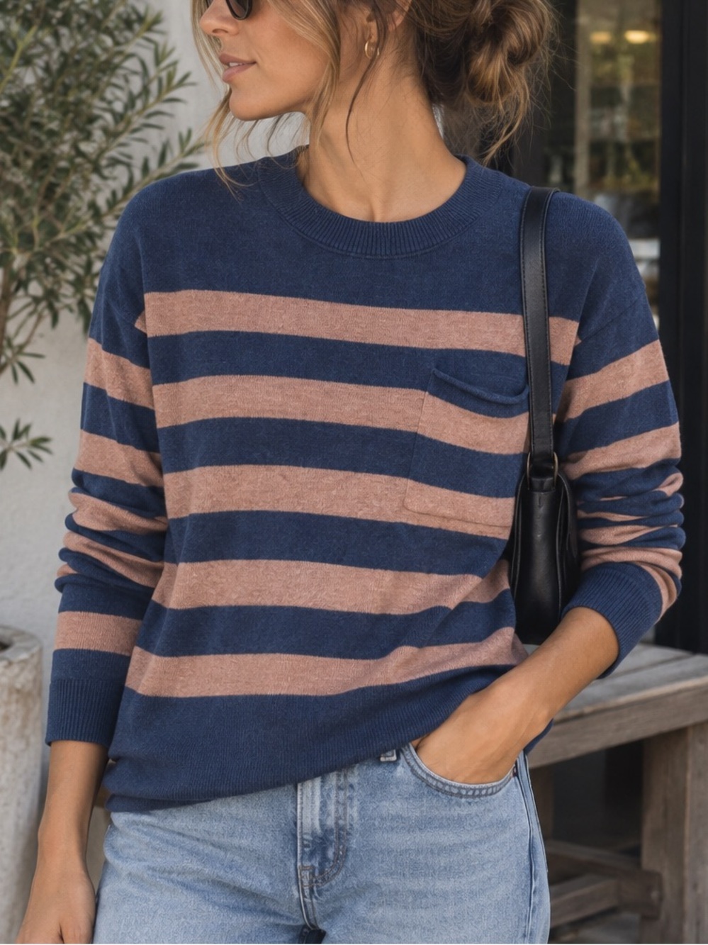 NWOT Madewell Thompson crew neck striped sweater blue brown with pocket …